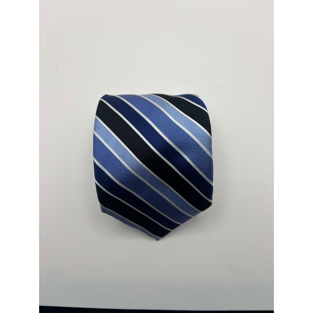 Chaps Mens Silk Necktie Blue Navy White Diagonal Striped Handmade Business Tie